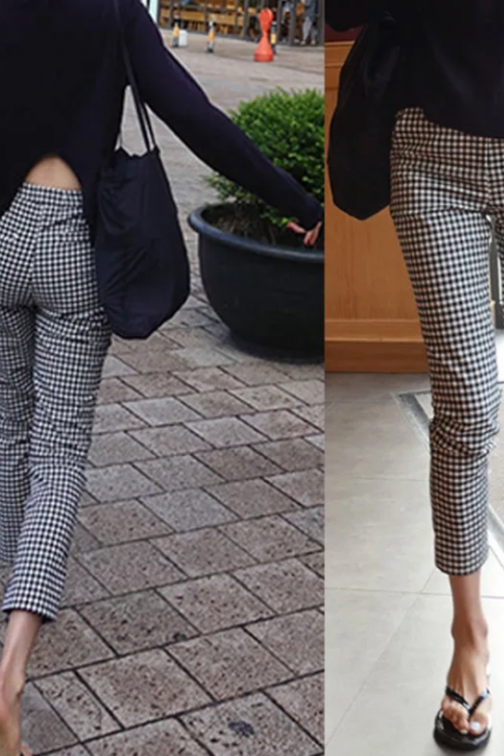 Black And White Checkered Nine-point Pants Women's Spring And Summer High-waisted Korean Version Of Leisure Stretch Small Man Slim