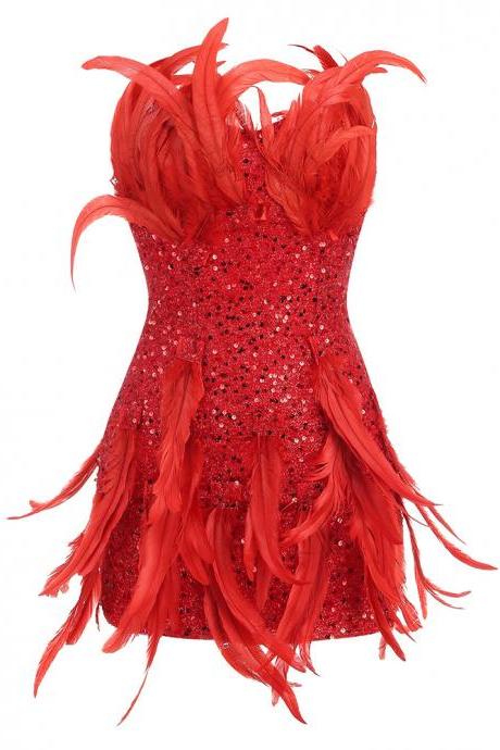 Heavy Feathered Sequin Design Feeling With Chest Spread Sexy Fanny Pack Buttock Cocktail Party Dress