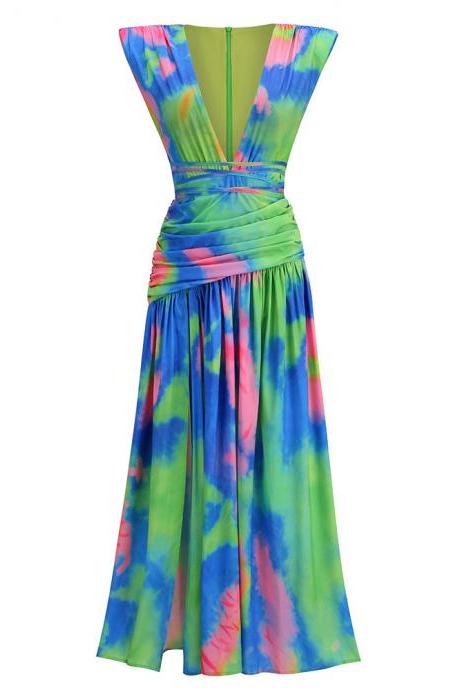 Summer Printed Sexy V-neck Lace-up Waist Long Dress