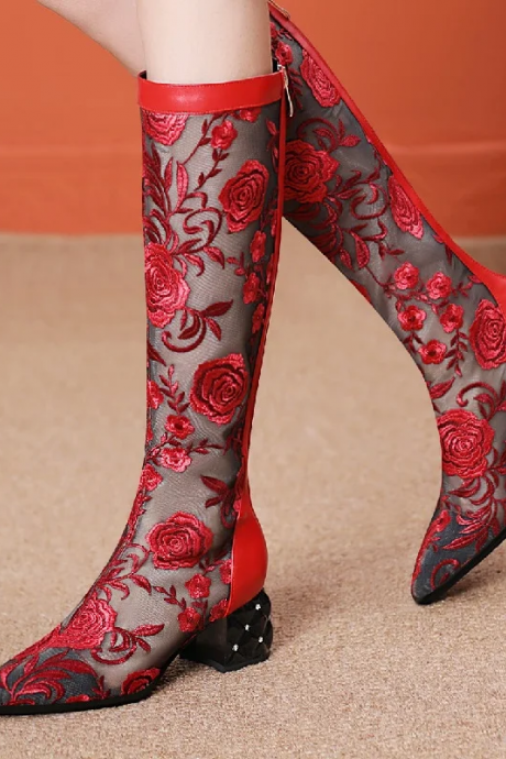 Embroidered Red Rose Lace Boots With Unique Heel Design