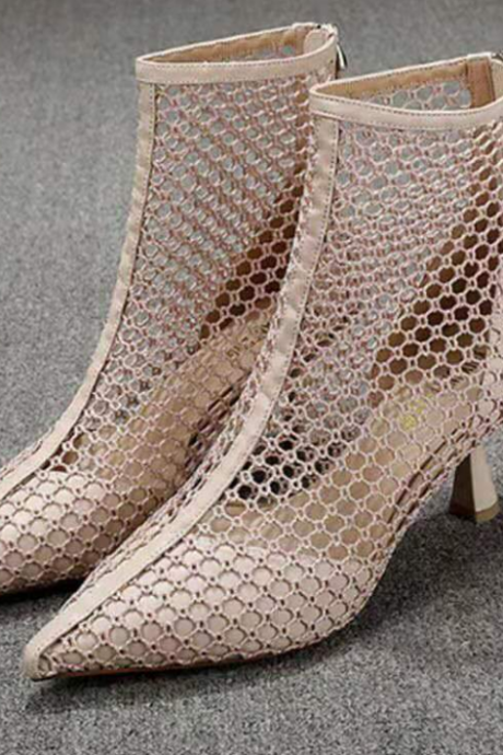 Sexy Mesh Hollow Breathable Zipper Mid-heel Cool Boots Women's Summer Pointy Stiletto Sandals High Heels