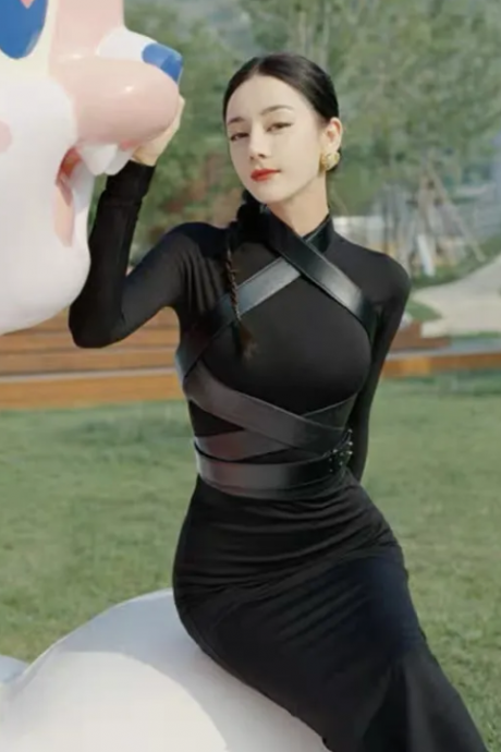 Black Knitted Slim-fit Leather Strap Dress Waistband Show Figure Modern Cool Sa Long Skirt Women