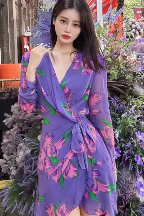 Design Sense Niche Temperament Super Fairy Purple Pure Wind Print Dress Women Lace Irregular Skirt