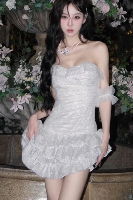 Miniskirt Strapless Evening Gown French Celeb Sequin Princess Dress Irregular Cake Dress Slimming Birthday Dress