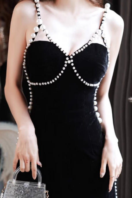 Pearl Strap Evening Dress 2023 Temperament Little Black Dress Slim Short Birthday Party Dinner Dress