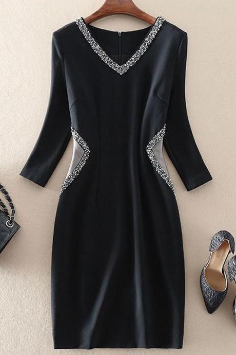 Fashionable Little Dress Black Dress For Ladies 2023 Fall Patchwork Beaded A-line Dress