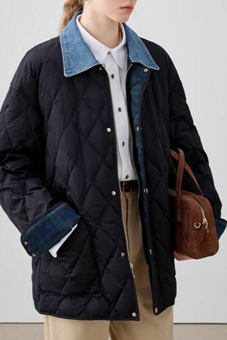 Lapel Cotton-padded Jacket Short Down Jacket For Women 2023 Autumn And Winter Denim Patchwork Diamond Extra Set