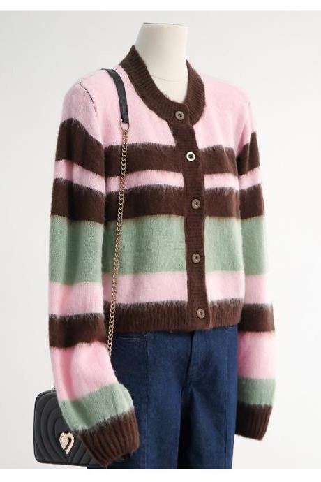 Design Sense Niche Stripes Color Mosaic Soft Waxy Fashion Short Cardigan Sweater Female Autumn