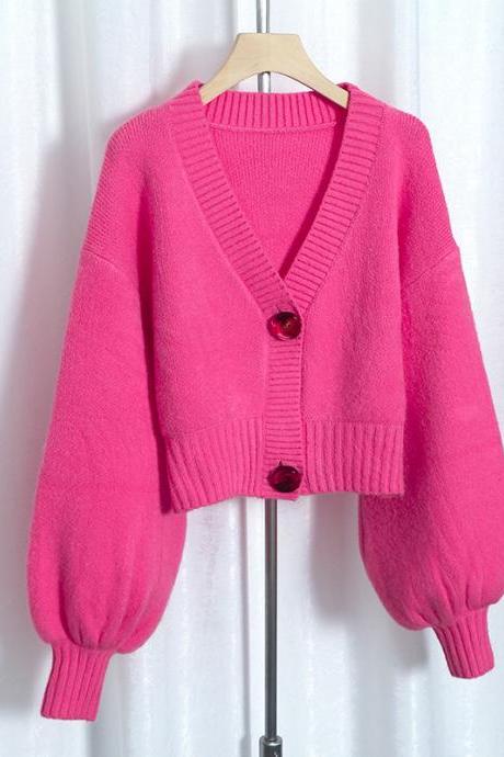 Autumn And Winter Rose Short Knitted Wool Top Fashion Bubble Sleeve Cardigan Sweater
