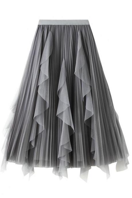 Spring High-waist Ruffled Mesh Mesh Skirt Women&amp;#039;s Mid-length Pleated Skirt