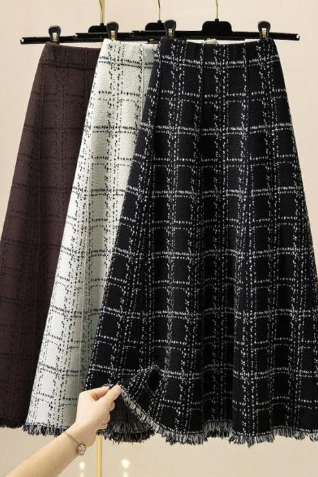 Plaid High-waist Skirt In The Long Matching Thin A-line Fringe Knitted Skirt