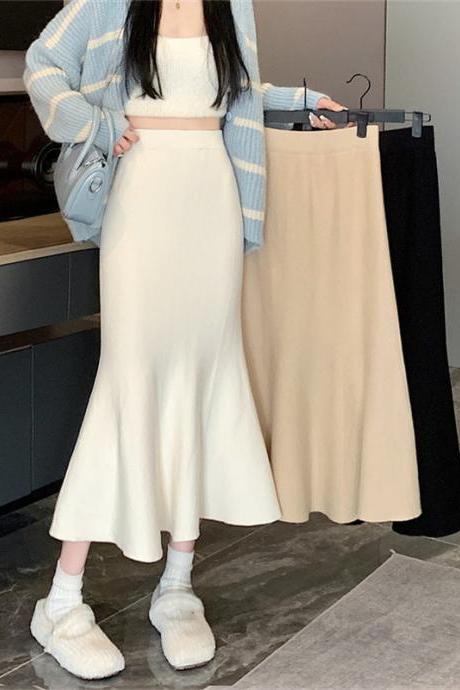 A-line Fishtail Skirt Women&amp;#039;s Autumn And Winter Mid-length High-waisted Slim-fit Wrap Hip Knitted Skirt