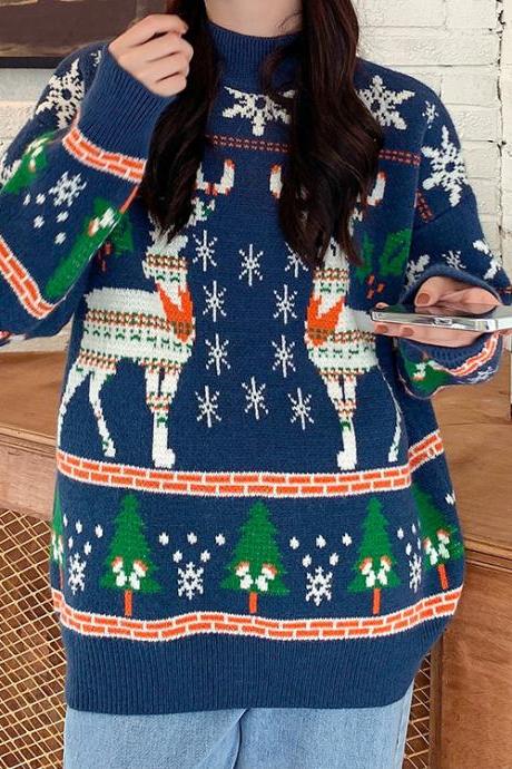 Christmas Atmosphere Elk Red Sweater For Women Vintage Winter 2023 Loose-fitting Pullover Sweater