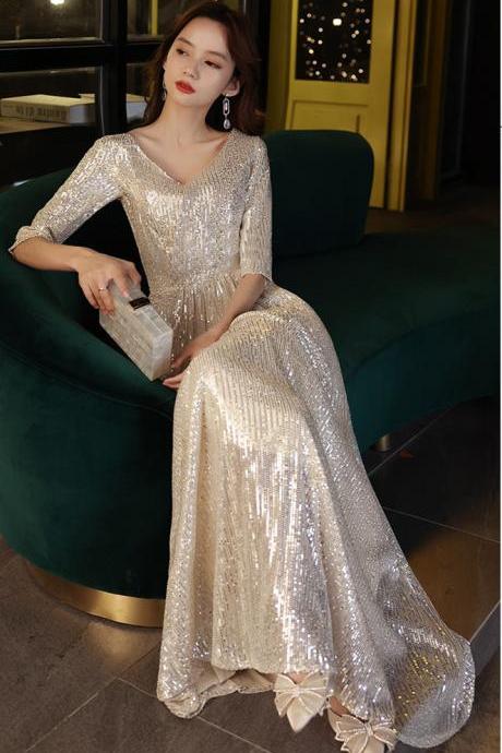Golden Banquet Evening Dress Woman 2023 Style Elegant Evening Dress Hosting Dinner Party Annual Dress