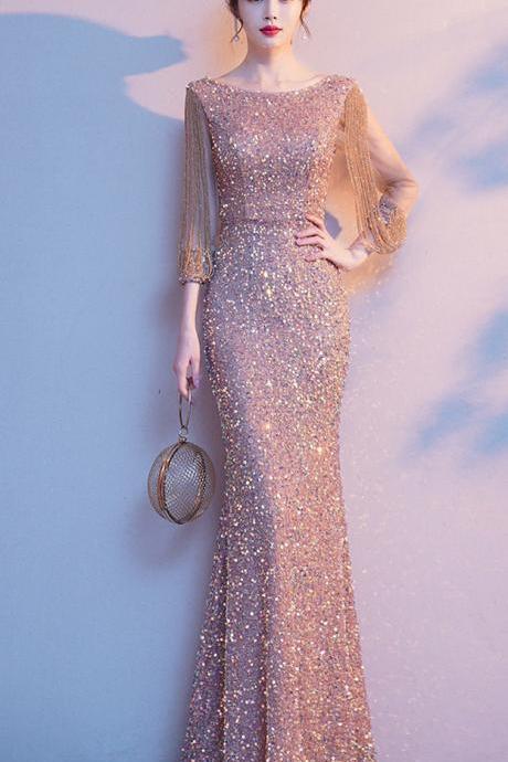 Fishtail Annual Evening Gown Woman 2023 Fall Temperament Sequin Dress Host Long Banquet Ceremony