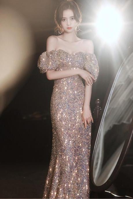 Annual Evening Gown Woman 2023 Line Shoulder Atmospheric Elegant Xianqi Dress Dress Host Banquet Dress Dress Dress
