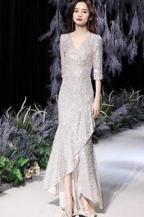Fishtail Evening Dress 2023 Silver Sequined Elegant Dress Dress For Dinner Host Annual Party Dress Fall