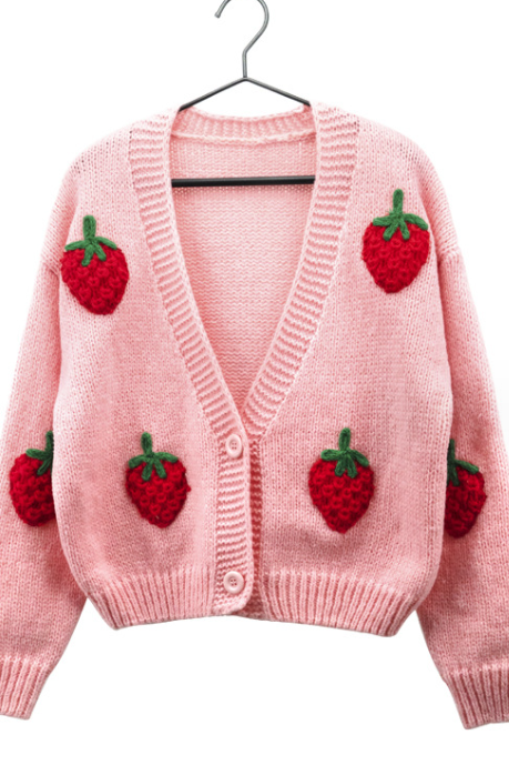 Autumn And Winter Hand-embroidered Sweater Women Fashion Design Strawberry Pattern Long Sleeve Cardigan Knitting