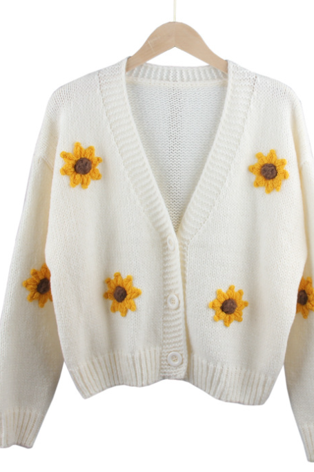 Heavy Industry Hand Embroidery Sweater Cardigan Coat Autumn And Winter Sunflower Sweater