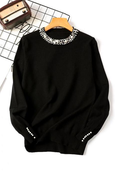 Autumn And Winter Nailed Bead Pullover Sweater Women&amp;#039;s Crewneck Long Sleeve Sweater Loose Slimming Temperament Base Shirt