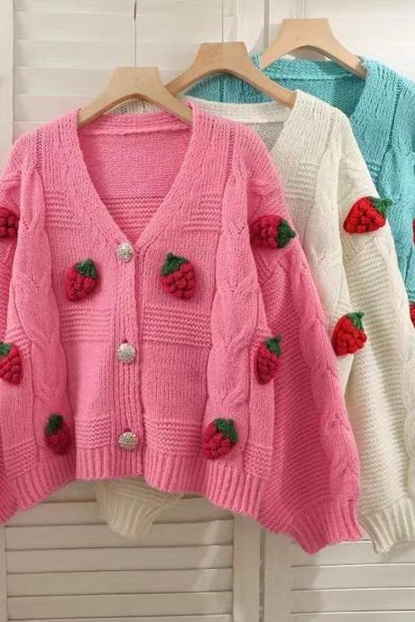 Autumn Loose Strawberry Knitted Cardigan Korean Version Cute Sweater Coat Female Blouse Autumn And Winter