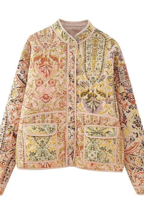 Autumn And Winter Casual Collar Single-breasted Printed Quilted Cotton Splicing Coat Women