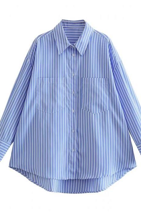Summer new fashion blue and white striped shirt single breasted medium long blouse woman