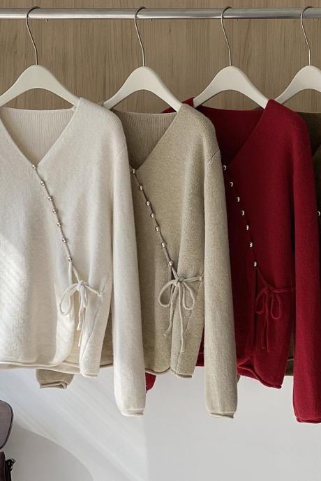 Design Sense Of Gold Buckle Irregular Sweater Cardigan Women Knit Sweater In Autumn And Winter