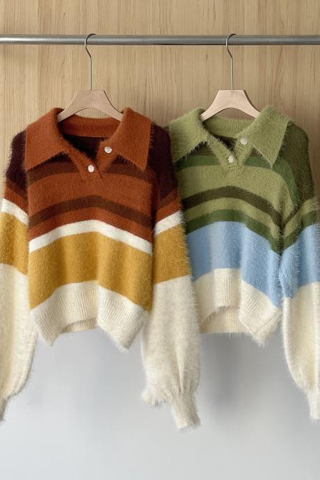 Color Knitting Women's 2023 Autumn/winter Korean Lapel Lazy Retro Design Feeling Blouse