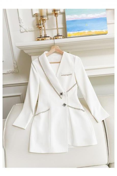 Heavy Industry Diamond-encrusted Suit Dress High-grade Temperament Goddess Fan White Suit Jacket Female Autumn Wear