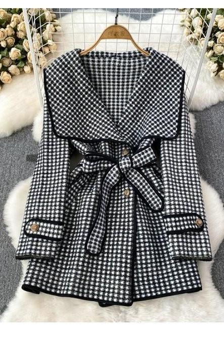 Navy Collar Loose Waist Woolen Coat Design Sense Coat
