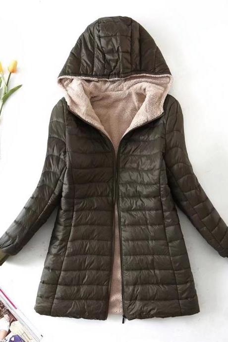 Autumn And Winter Mid-length Korean Version Hooded Slim-fit Plus Fleece Cotton Coat Warm Lamb Fleece Top Female Coat