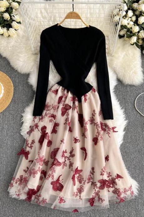 Elegant Black Velvet Top And Floral Embroidered Tulle Skirt Dress