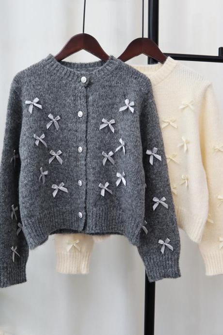 Bow Knit Cardigan Female 2023 Autumn And Winter Loose Design Feeling Gentle Wind Chic Sweater Coat