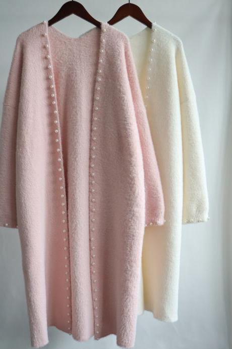 Beaded Imitation Mink Cashmere Knitted Cardigan Women 2023 Autumn And Winter Long Korean Version Loose Design Sense Of Temperament Coat
