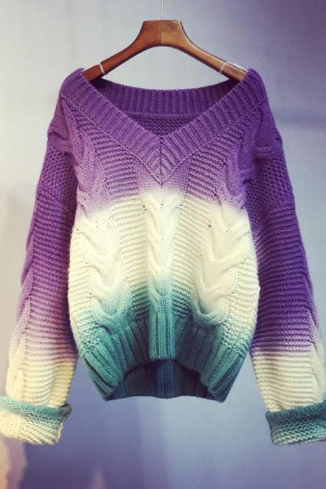 Autumn Korean Version Smoulding Gradual Color Twist Sweater V-neck Lazy Pullover Sweater Woman