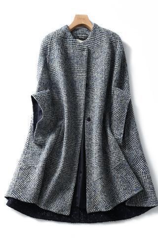 Grey Plaid Woolen Coat Women&amp;#039;s Mid-length 2023 Autumn And Winter Fashion Round Neck Seven-point Sleeve Loose Coat