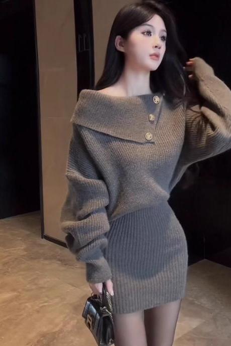Knit Dress Female Autumn Winter 2023 Off-shoulder Slim Slim Man One-line Shoulder Sweater Dress Package Hip Skirt