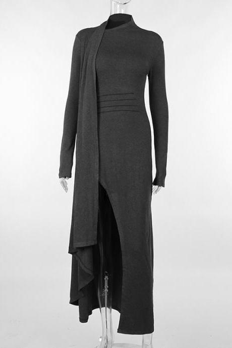 Knitted long-sleeved sexy slit slim dress