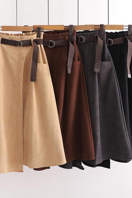 Elegant A-line Suede Midi Skirt With Belt