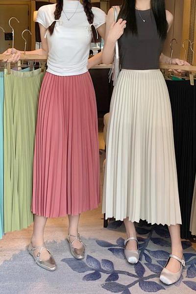 Simple Multi-color Skirt High-waisted Slimming Solid Color Vertical Long Pleated Skirt