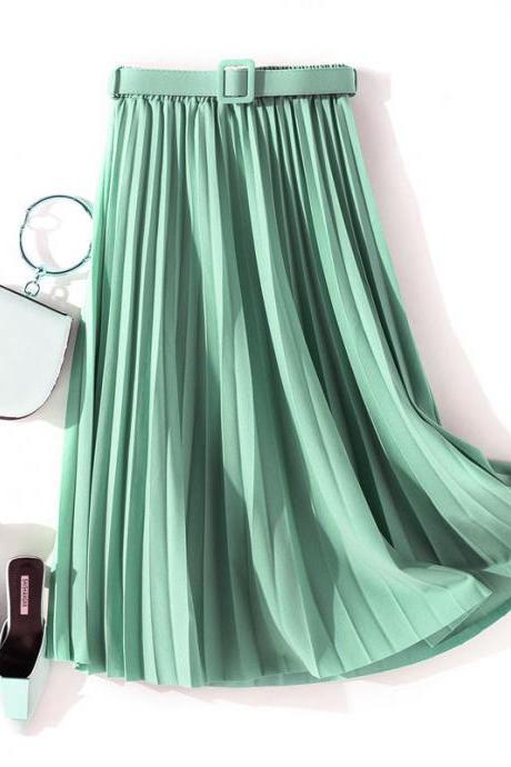 Solid Color Simple Accordion Pleated Skirt Skirt Spring And Autumn Women&amp;#039;s Medium Long High Belt A Line Skirt