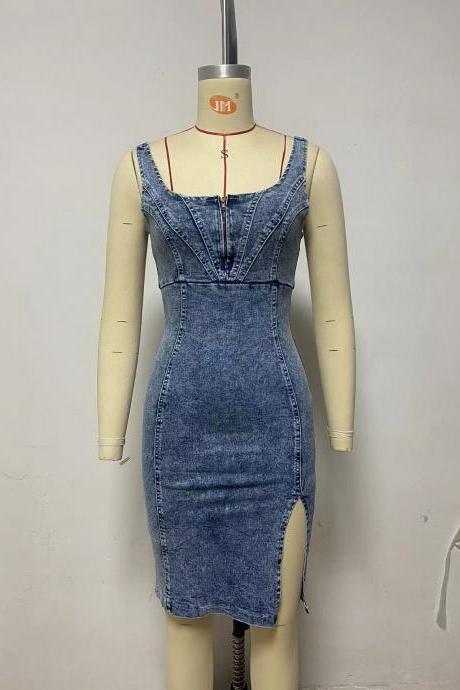 Make Old Casual Denim Dresses With Short Sleeves And U-neck Halters