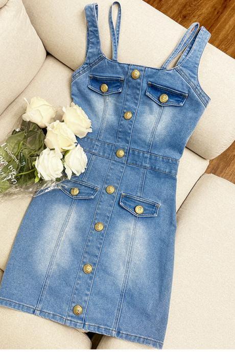 Denim Blue Style All-in-one Halter Square Collar Dress