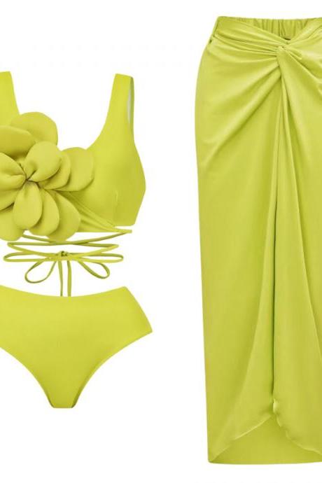 Solid Color Two-piece Swimsuit Women Sexy High-waisted Strap Bikini Three-piece Set