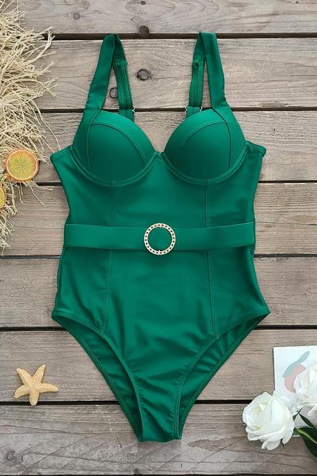 Hard Package Solid Color Halter Top Breast One-piece Swimsuit Women 2024 Belt One-piece Swimwear Bathsuit Bikinis
