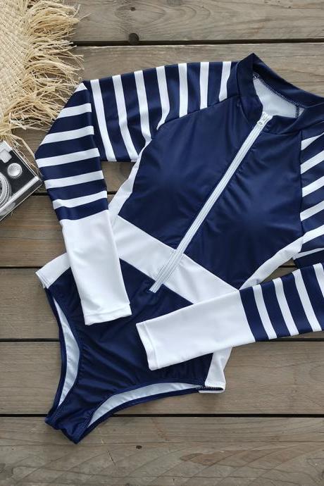 One-piece long sleeve stripes solid color one-piece swimsuit women 2024 new zipper