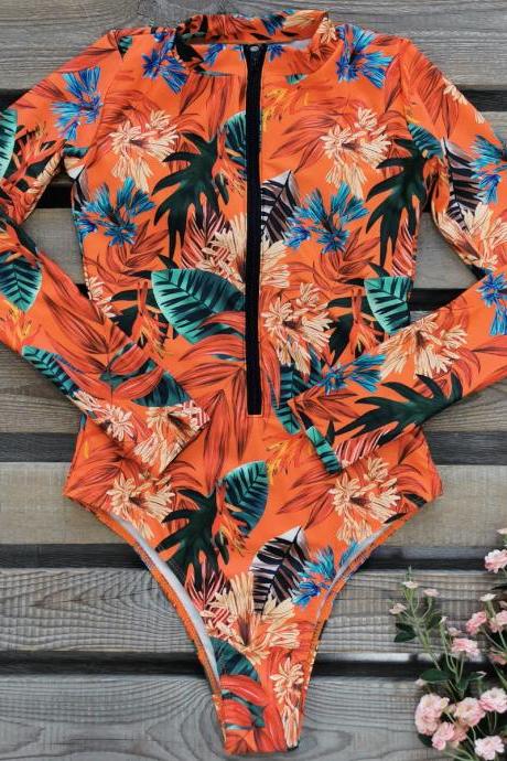 Zipper Long Sleeve Surfwear 2024 One-piece Swimsuit Women's Print