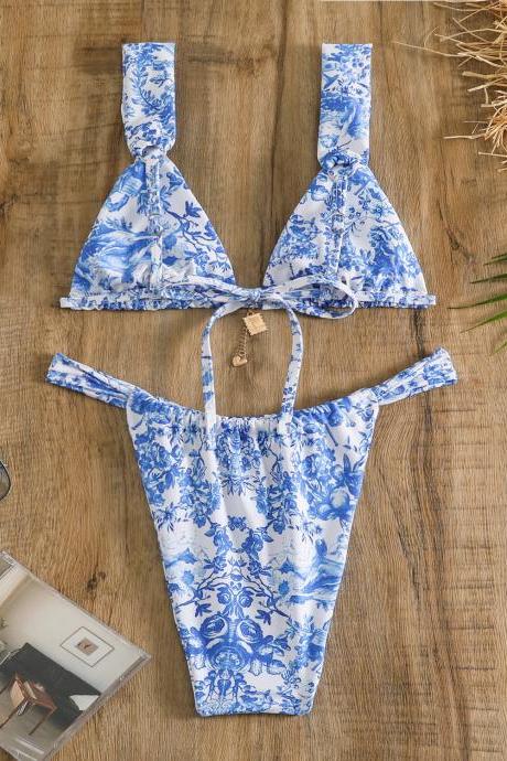 Double-sided Split Blue And White Porcelain Printed Sexy Split Bikini Women's Swimsuit
