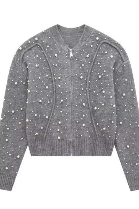 Artificial Pearl Knitted Sweater Temperament Niche Solid Color Loose Thin Zipper Cardigan
